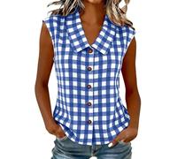 Checked Shirts Womens - Sleeveless Button Up Shirt, Ladies Gingham Blouses Plaid Tops Y2K Loose Fit Vest Tops, Peter Pan Collar Blouse Casual Office Work Summer Vests, Vests for Women B Blue