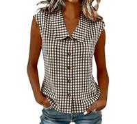 Checked Shirts Womens - Sleeveless Button Up Shirt, Ladies Gingham Blouses Plaid Tops Y2K Loose Fit Vest Tops, Peter Pan Collar Blouse Casual Office Work Summer Vests, Sleeveless Long A Brown