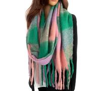 Checked Tartan Blanket Scarf Women, Oversized Scarf Shawl Wrap, Ladies Scarves, Rainbow Wool Scarf, Large Warm Winter Scarf, Long Thick Fluffy, Colour Block, Womens Gifts (Green)
