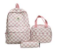 Checkerboard Backpack with Pencil Case&Tote Bag Casual Nylon Backpack (Pink)