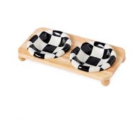 Checkerboard Ceramic Pet Bowl, Raised, Black PE Double Bowl Stand | Glossy Glaze Finish, Raised Pet Feeder, Cat , For Pet Caretakers