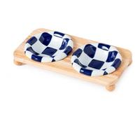 Checkerboard Ceramic Pet Bowl, Raised, Blue PE Double Bowl Stand | Glossy Glaze Finish, Raised Pet Feeder, Cat , For Pet Caretakers