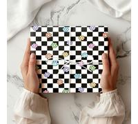 Checkerboard Flower Wrapping Paper Sheet - Retro Gift Wrap - Pastel Daisies - Funky Folded for Birthdays, Teens, Aesthetic Lovers W24 (Black & White, Large - 58 x 85cm / 22.8" x 33.4" inches)