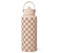 Checkerboard Water Bottle 32oz Stainless Steel with Lid & Straw, Beige Checker Insulated Bottles for Women Girls, Gift Idea for Christmas Birthday