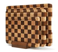 Checkered Cutting Board Set for Kitchen - 3 PCS Wood Checkerboard End Grain Chopping Board with Holder & Juice Groove, Wooden Cutting Boards for Meat, Vegetables, Fruits (S, M, L)