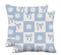 Checkered Daisy Bows Crystal Velvet Cushion Covers, Blue Beige Daisy Bows Couch Throw Pillow Covers 40cm X 40cm, 16X16 Inch Pillow Cases for Sofa, Boyfriend Gifts Birthday Gifts for Men, Set of 2