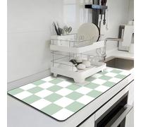 Checkered Dish Drying Mat for Kitchen, 40 x 60CM Coffee Bar Mat for Countertops, Coffee Station Mats with Non-Slip Rubber Backed, Absorbent Dish Dying Mat for Kitchen Counter, Green & White