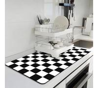 Checkered Dish Drying Mat for Kitchen, 40 x 60CM Coffee Bar Mat for Countertops, Coffee Station Mats with Non-Slip Rubber Backed, Absorbent Dish Dying Mat for Kitchen Counter, Black & White