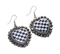 Checkered Flag Heart Earrings Glitter Black White Checkerboard Geometric Dangle Drop Earrings Statement Minimalist Jewelry Gifts, Zinc, No Gemstone