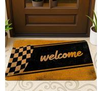 Checkered Flag Welcome Mat, Black and Yellow Door Mat for Outdoor & Indoor Entryway Racing Decor, Non-Slip & Water-Resistant Doormats, Easy Clean 29x17 Inch