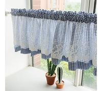 Checkered Kitchen Curtain, Half Window Tier Curtains White lace Gingham Light Filtering Short Valance Country Style, for Cafe Bathroom Balcony Bedroom, Rod Pocket ( Color : Blue , Size : W200xH45cm/78