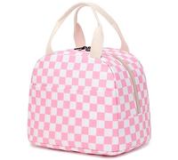 Checkered Lunch Bag for Girls Women, Cute Insulated Leakproof Lunch Box Container Reusable Cooler Lunch Tote Bag for Teens Kids Adults School Travel Picnic (Pink)
