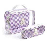 Checkered Makeup Bag for Women-Monogram Personalized Initial Sunscreen Makeup Bags Cosmetic Pouch Make Up Bag for Women Her Best Friend Teacher,Summer Beach Essentials Gifts for Girls (A,Purple&Beige)