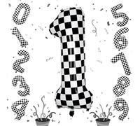 Checkered Number Balloon 1, Large Self Inflating Black and White Number 1 Balloon Decor, 40 Inch Helium Foil 1 Racing Balloons for Girls Boys 1st Birthday Fast Race Car Flag Party Decorations Supplies