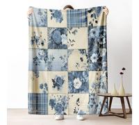 Checkered Patchwork Throw Blanket for Couch, Vintage Plant Floral Fleece Blanket 40"x60" Lightweight, Chic Farmhouse Blanket for Bed, Warm Soft Cozy Washable Bedding for All Season
