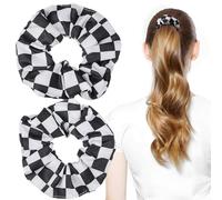 Checkered Ponytail Scrunchies 2 Pack, Chiffon Hair Ties | Black and White Plaid Pattern, Soft Silky Feel, for Girls Daily Routines and Sleeping