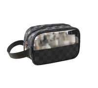 Checkered PU Leather Makeup Bag Clear Cosmetic Bag with Zipper See Through Toiletry Bags Make Up Pouch Organizer with Handle Travel Skincare Bag Beauty Product Pouch for Traveling Black