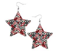 Checkered Rhombus Pattern Star Shape Earrings, Modern Dangle Earrings, Women's Statement Jewelry for Office Daily