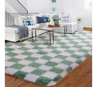 Checkered Rug for Living Room, 120x180cm Green and White Check Rug for Bedroom, Washable Non Slip Non-Shedding, Shag Pile Soft Thick Rugs, Checkerboard Carpet for Kids Hallways, Kitchen, Medium Rugs