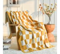 Checkered Throw Blanket, Yellow Knit Blankets with Soft Fluffy Microfiber, Cozy Fluffy Lightweight Decorative Reversible Travel Blanket for Couch Bed Sofa, 60"x80"