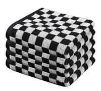 Checkered Towels 4Pcs 14.6x29in - Absorbent Black & White Cotton Hand Towels, Soft Bath Towels for Home, Hotel, Dorm, Facial Cloths