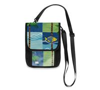 Checkered Tropical Tree and Fish Travel Wallet Passport Holder Neck Wallet Slim Lightweight Crossbody Bag with Adjustable Strap