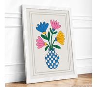 Checkered Vase with Blooms Botanical Framed Wall Art Print A4 (29.7×21cm) White, Wall Decor for Living Room, Bedroom, Office & Home, Ready to Hang, Art Gift