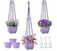 Checrxy Macrame Plant Hanger with Pot, 3 Set Hanging Planters for Indoor Plants, Handmade Cotton Rope Boho Home Decor, Idea Gift for Anyone, Includes Plant Holders, Pots, Plates and Hooks (Purple)