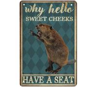 Cheeks Beaver why Hello Sweet Cheeks Have a seat Vintage Metal Sign Plaque, Fun Tin Sign Entrance Decor Porch Wall Sign 8x12 Inch