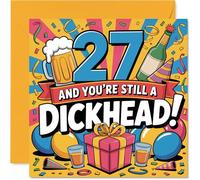 Cheeky 27th Birthday Card - Proper Laugh-out-loud Banter - Bright 27th Birthday Design with Beer and Party Vibes - Guaranteed to Raise a Grin - 145mm Square, Envelope Included