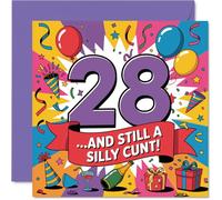 Cheeky 28th Birthday Card - Still a Mischief-maker at 28 - Bright Balloons and Confetti Party Scene - Outrageously Funny for Big Personalities - 145mm Square, Envelope Included