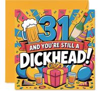 Cheeky 31st Birthday Card - Still Causing Trouble at 31 - Bright, Playful Design with Party Hats and Drinks - 145mm Square, Envelope Included