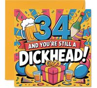 Cheeky 34th Birthday Card - Still a Legend at 34 - Bold Humour with Vibrant Balloons and Drinks - Guaranteed to Spark a Laugh - 145mm Square, Envelope Included