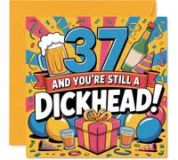 Cheeky 37th Birthday Card - Outrageously Honest Banter - Bold Multicoloured Party Design with Drinks and Confetti - 145mm Square, Envelope Included