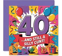 Cheeky 40th Birthday Card - Turning 40 and Still Up to Mischief - Bright Multicolour Balloons and Confetti Design - 145mm Square, Envelope Included