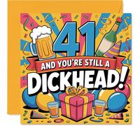 Cheeky 41st Birthday Card - Turning 41 and Still Causing Mischief - Bold Party Colours and Playful, Rude Slogan - 145mm Square, Envelope Included