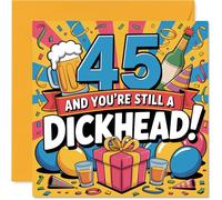 Cheeky 45th Birthday Card - Cheeky Milestone Banter - Bold '45 and You're Still a D***head!' Design with Colourful Confetti and Drinks - 145mm Square, Envelope Included