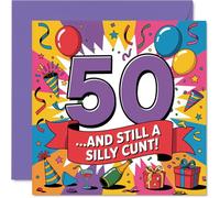 Cheeky 50th Birthday Card - Bold Laughs at 50 - Vibrant Multi-colour Design with Playful Graphics - 145mm Square, Envelope Included