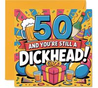 Cheeky 50th Birthday Card - Still a Legend at 50 - Bold 'you're Still a D**khead!' Design with Beer, Confetti and Gift Box - 145mm Square, Envelope Included