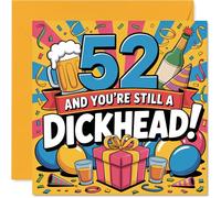 Cheeky 52nd Birthday Card - Turning 52 and Still Up to Mischief - Bold Party Graphics with Beer and Banners - 145mm Square, Envelope Included