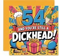 Cheeky 54th Birthday Card - Proper Laugh for Their 54th - Bold Party Design with Drinks and Decorations - Perfect for Winding Up a Mate - 145mm Square, Envelope Included