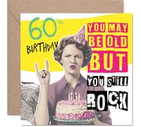 Cheeky 60th Birthday Card - Still Rocking It at 60 - Vintage-style Woman with Cake and Bold Pink Accents - 145mm Square, Envelope Included