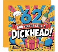 Cheeky 62nd Birthday Card - Who Knew 62 Could Still Be so Mischievous? - Vibrant Party Hats, Beer and Confetti with a Bold, Cheeky Slogan - 145mm Square, Envelope Included