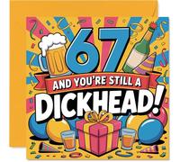 Cheeky 67th Birthday Card - Still Causing Mischief at 67 - Bold Party Colours and Playful Insult - Guaranteed to Spark Laughter at Any Bash - 145mm Square, Envelope Included