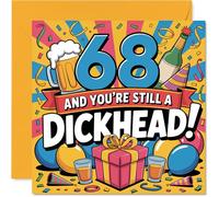 Cheeky 68th Birthday Card - Still Causing Mischief at 68 - Bold Humour with Drinks and Balloons - Perfect for a Proper Laugh - 145mm Square, Envelope Included