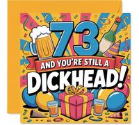 Cheeky 73rd Birthday Card - Turning 73 and Still a Legend - Vibrant Party Design with Balloons, Drinks and a Tongue-in-cheek Twist - 145mm Square, Envelope Included
