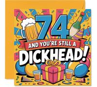Cheeky 74th Birthday Card - Turning 74 and Still Up to Mischief - Bold, Colourful Drinks and Party Doodles - A Proper Laugh for the Big Day - 145mm Square, Envelope Included