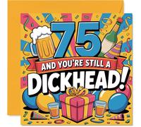 Cheeky 75th Birthday Card - Still Causing Mischief at 75 - Bold, Bright Design with a Cheeky Slogan - 145mm Square, Envelope Included