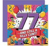 Cheeky 77th Birthday Card - Turning 77 and Still Up to Mischief - Bold, Colourful Design with Playful Humour - 145mm Square, Envelope Included