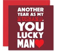 Cheeky Anniversary Card for Husband - Another Year of Putting Up with Me - Bold Red and White Love Design with Playful 'Lucky Man' Message - 145mm Square, Envelope Included